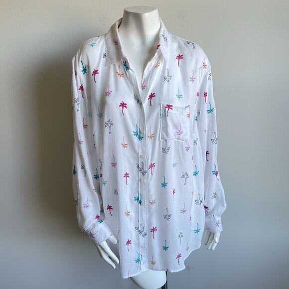 NWT Crown & Ivy Women's Palm Tree Print Button Down Tunic Shirt White Plus 1X - Picture 1 of 14